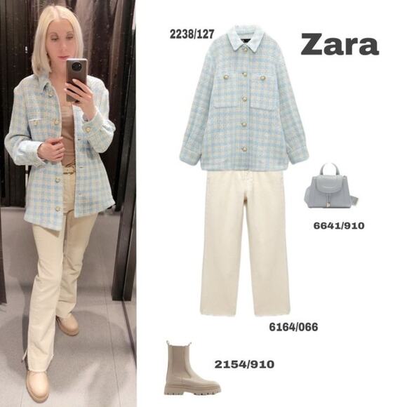 Zara Blue White Textured Houndstooth Plaid Pearl Jewel Button Overshirt Shacket - Picture 6 of 11